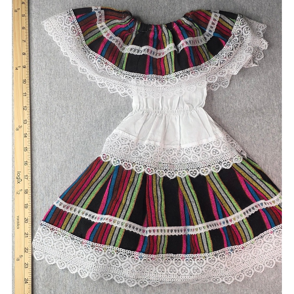 Girls Mexican Folklorico Dress Multi Color Striped Lace Trim Off Shoulder Black